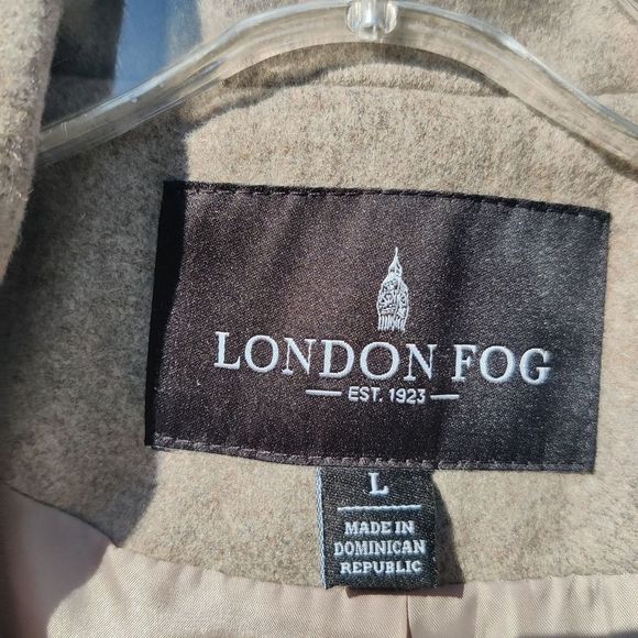 London Fog Wool Pea Coat Double Breast Notch Collar Sz L in Oatmeal Tan - Picture 12 of 15